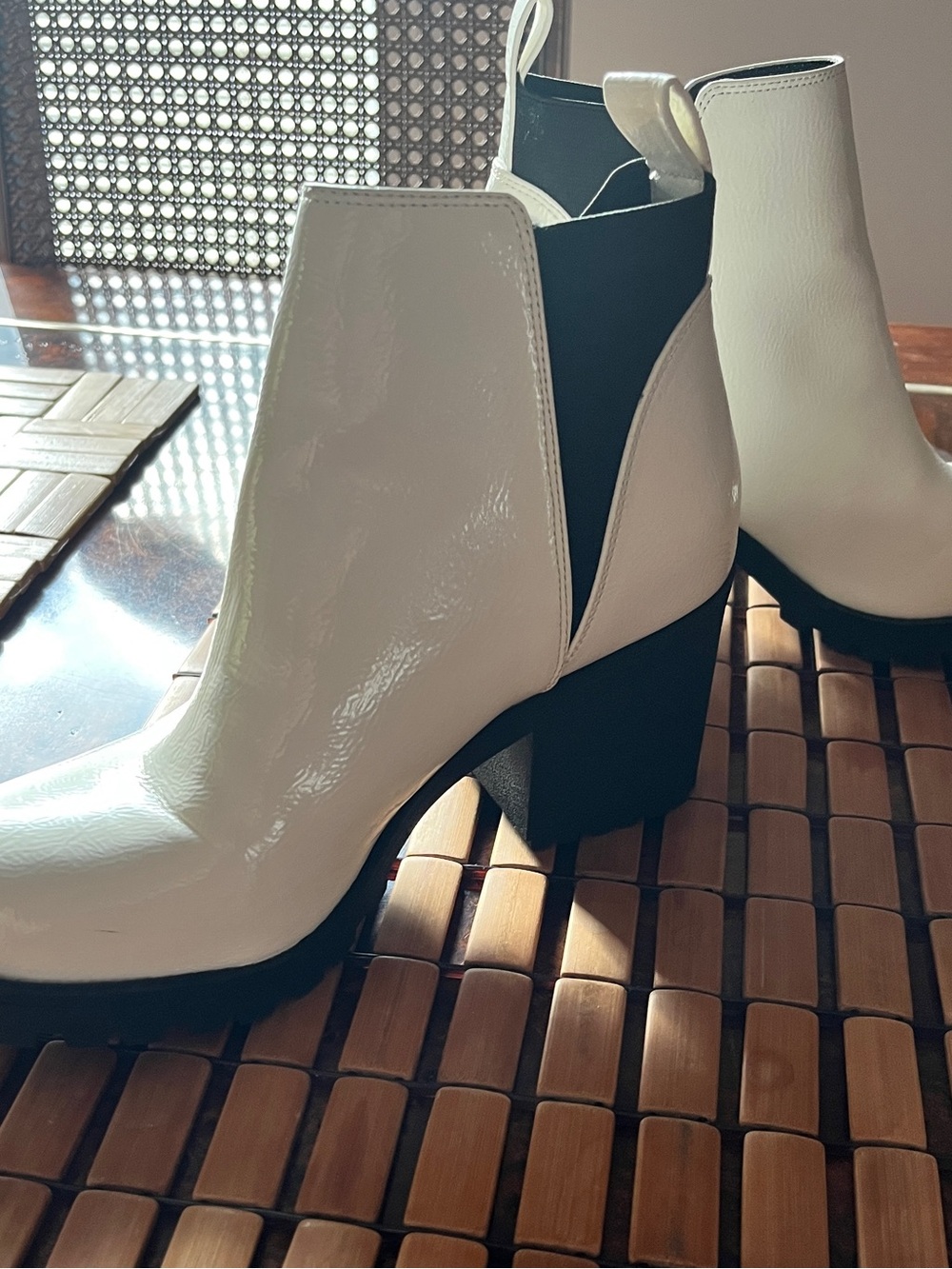 Dirty Laundry White Patent Platform Chelsea Booties with Black Elastic